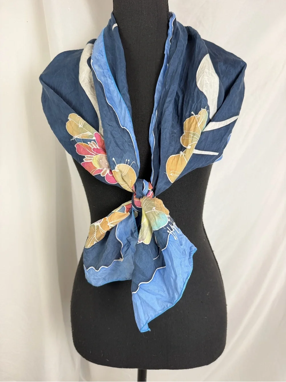 Vintage Floral Bird Print Oversized Scarf Blue Square Wrap Shawl Cottagecore